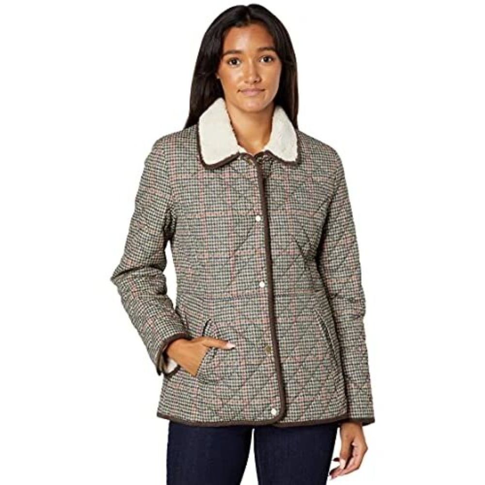 Lauren Ralph Lauren LRL Women's Quilted Jacket w/Berber Trim Box Houndstooth XXL